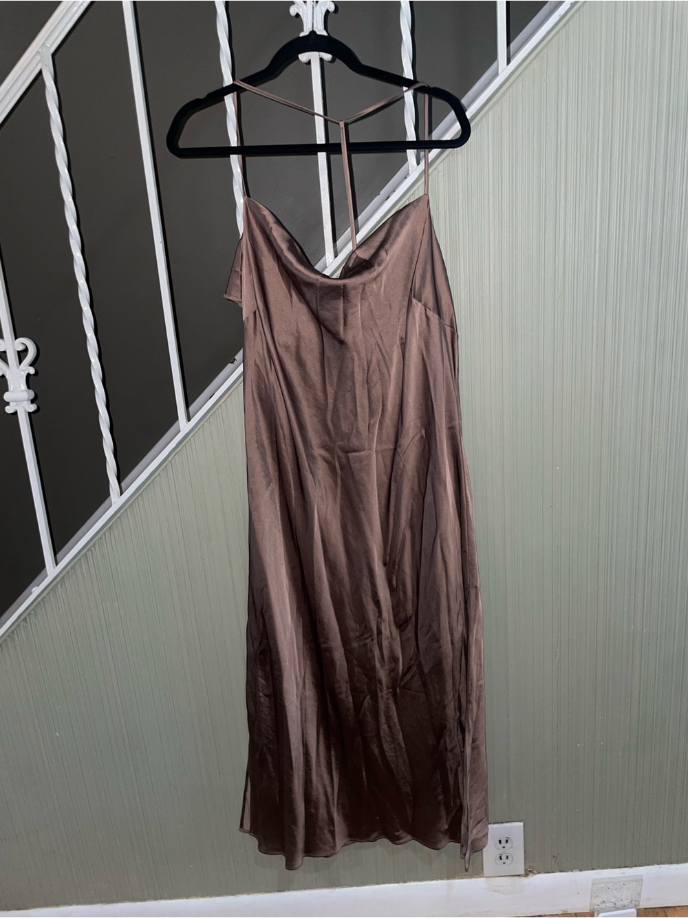 NWT Express Satin Cowl Neck Midi Slip Dress XL Brown Taupe Stretch Party
